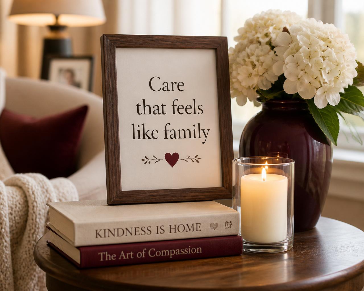 Warm interior vignette with a framed sign reading 'Care that feels like family', white flowers, candle and books
