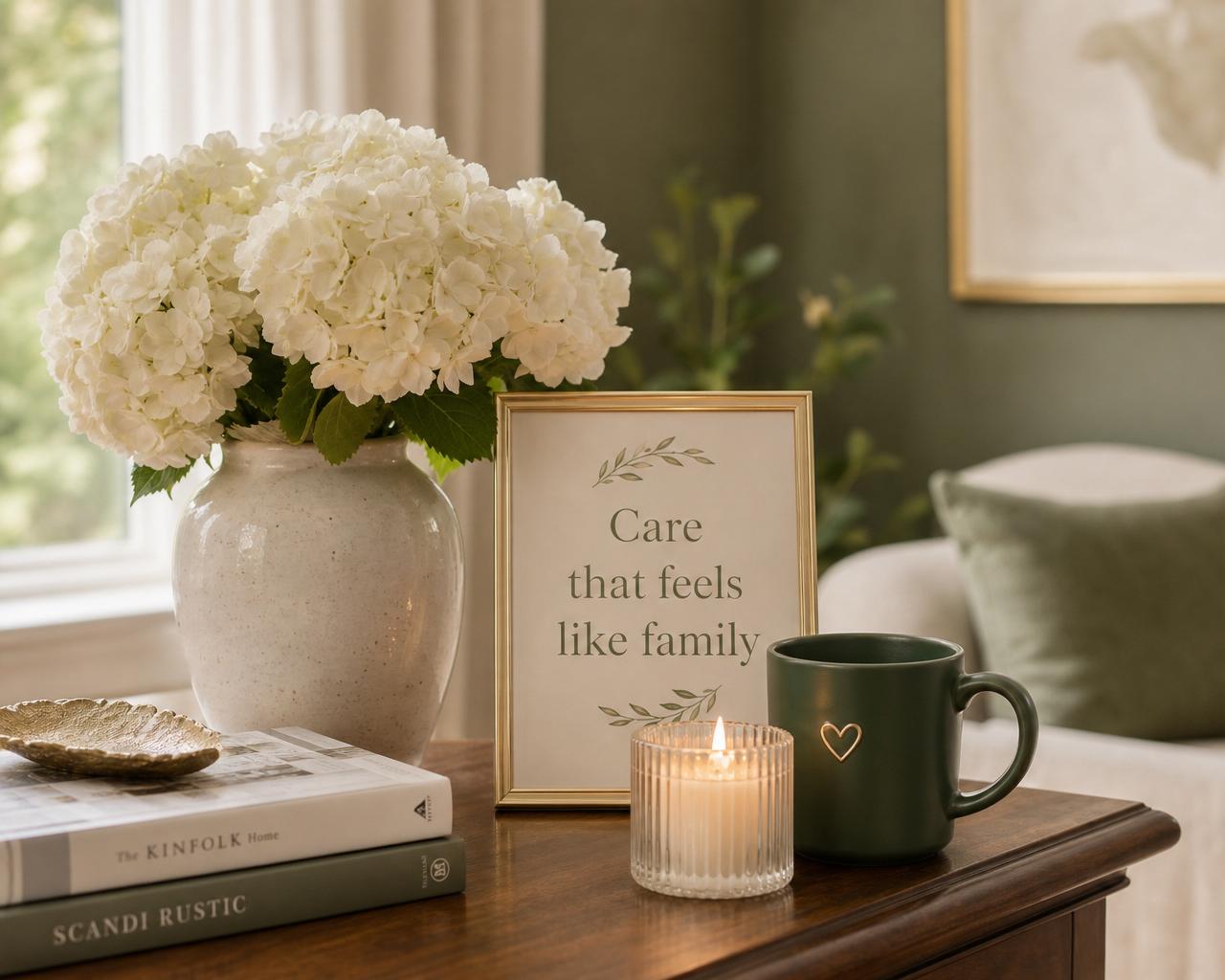 Elegant home interior with hydrangeas, a framed sign that reads Care that feels like family, a candle, and a green mug