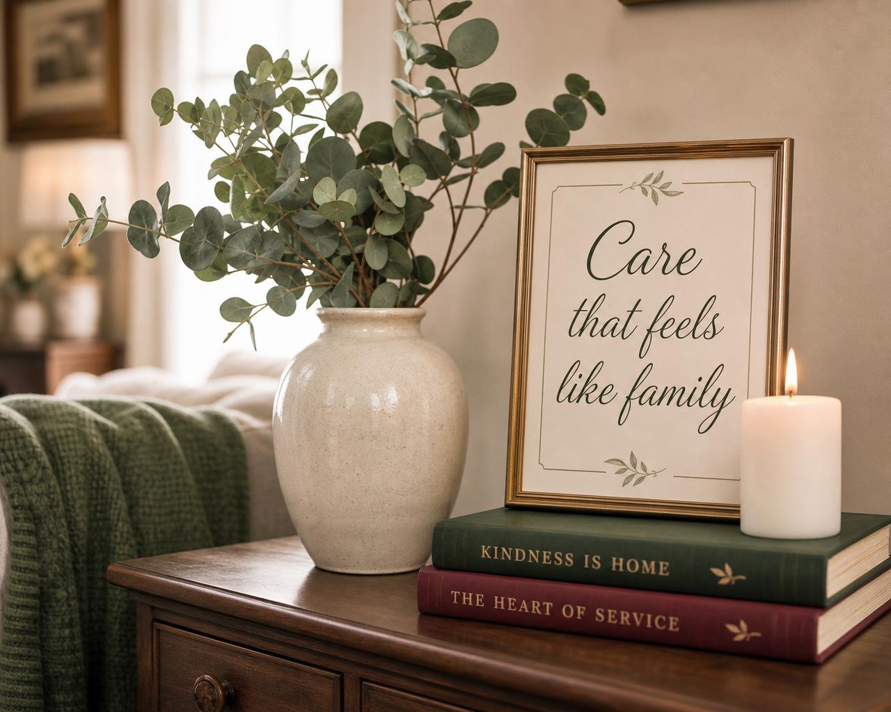 Elegant home interior with eucalyptus, candle, and a framed sign that reads Care that feels like family