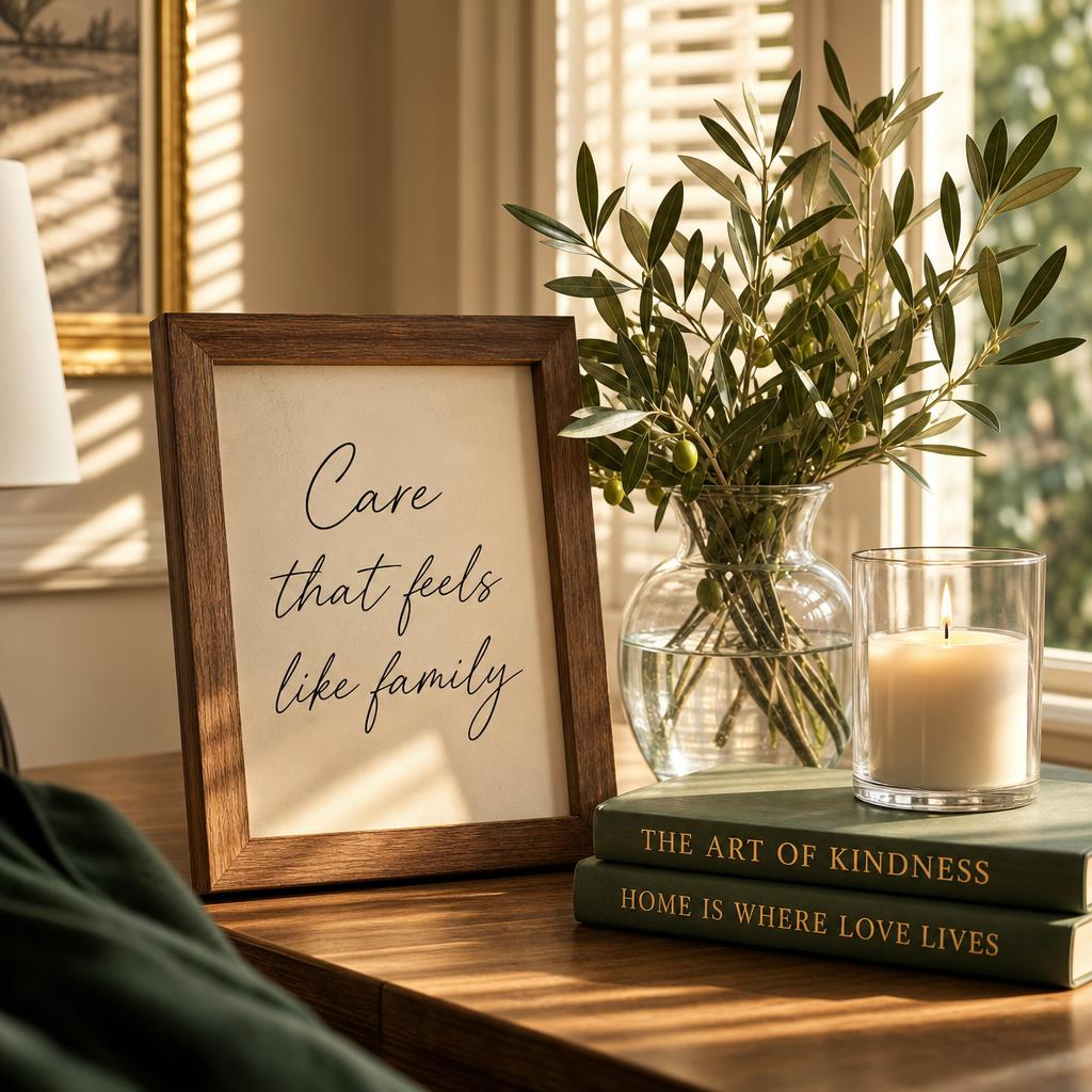 Warm interior vignette with a framed sign reading 'Care that feels like family', olive branches and candlelight